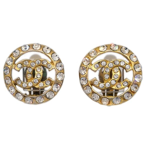 Chanel Gold Button Earrings Clip-On Rhinestone - Picture 1 of 4